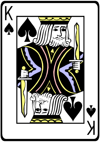 The card shows a king of spades from a deck with intricate designs on it; he is holding an ace of diamonds in his right hand while pointing to another playing card that appears to be a queen, and there's text at bottom left corner reading "KY".