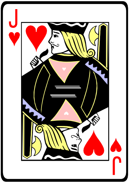 The card shows a person playing cards with an ace of spades featuring a joker on it; there is also another face-down card in front of them that appears to be part of their hand.