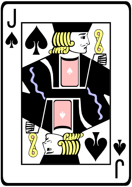 The card shows a person dressed as Napoleon Bonaparte holding playing cards with spades on them; there is also an ace of hearts in his hand.