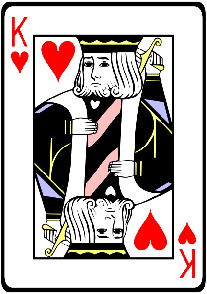 The card shows a king of spades playing poker with two jacks on either side; he is wearing armor and holding an ace in his hand over another suit's face.