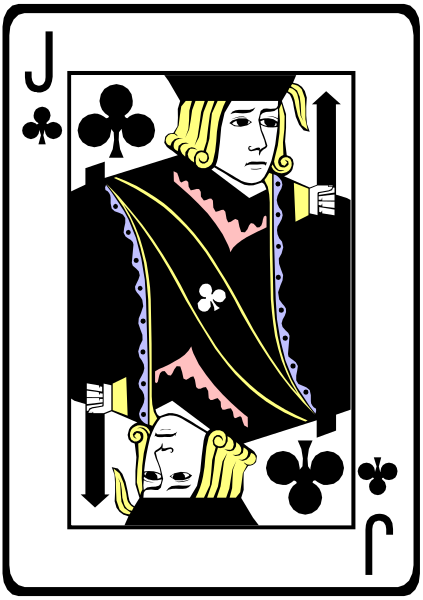 The card shows a person dressed as Joker from tarot cards holding two jacks of hearts playing cards with an illustration in black ink on it.