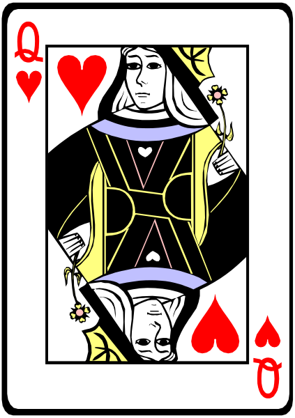 The card shows a person holding playing cards with hearts on them against an illustration of another deck of cards featuring a joker character in black and white attire.