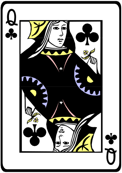 The card shows a person holding playing cards with an illustration of another figure on it; there is no text present.