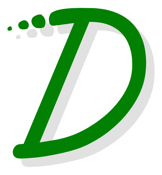 The image shows a stylized graphic of an uppercase letter "D" with two dots above it on either side, resembling eyes looking upwards to the right.