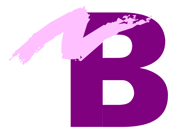 The logo of a company with letters "B" on top left corner and an abstract design resembling paint splatters in purple color next to it.