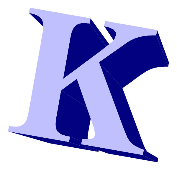 The letter "K" with a blue background on top of black textured surface.