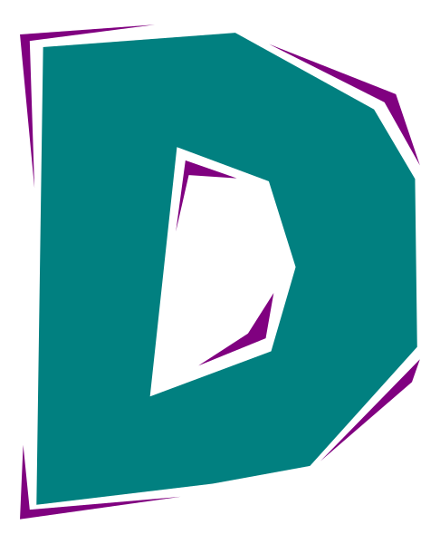 The image shows a stylized letter "D" with an abstract design inside it against a dark background.