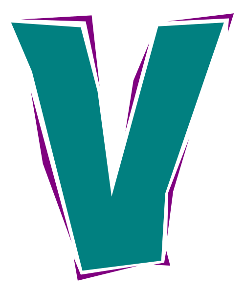 The letter "V" with a purple outline on top of it against a gray background.