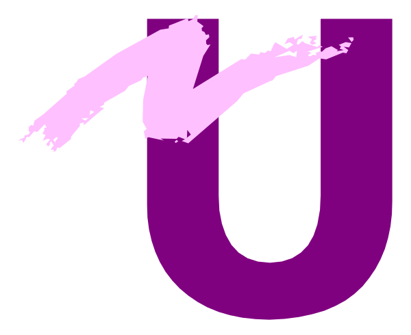 The image shows a purple letter "U" with an abstract design resembling paint splatters to its right side against a gray background.
