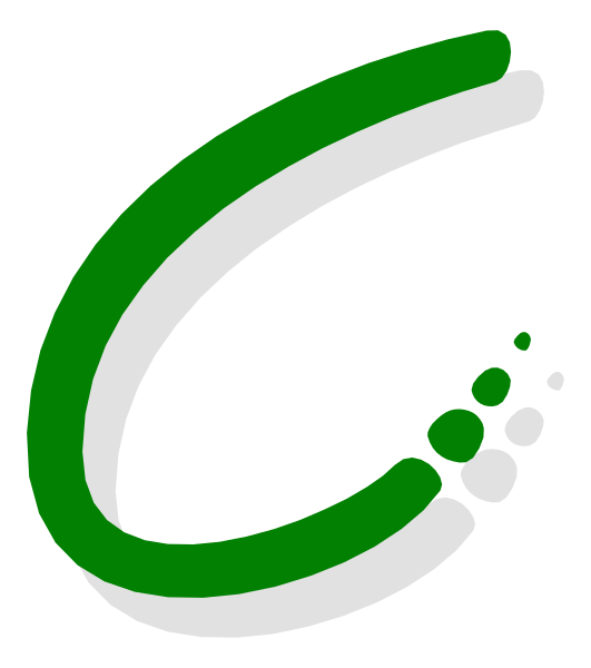 The image shows a stylized graphic of an abstract letter 'C' with green dots around it against a black background.