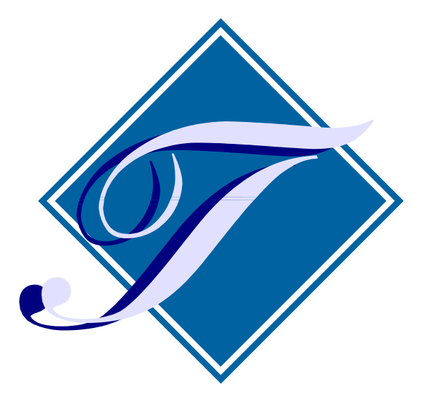 The logo features a stylized letter 'F' with an elegant cursive design inside it, set against a blue background within a diamond-shaped border that has decorative elements at each corner.
