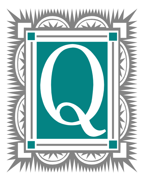 The image shows a graphic design with an emblem that includes stylized text "Q" inside what appears to be a shield-like border featuring decorative elements such as stars and lines radiating from it, set against a dark background.