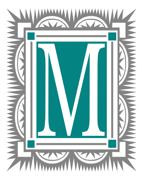 The image shows a logo with an initial "M" inside it, surrounded by decorative elements that include lines radiating from each corner of the square frame containing the letter 'm'.