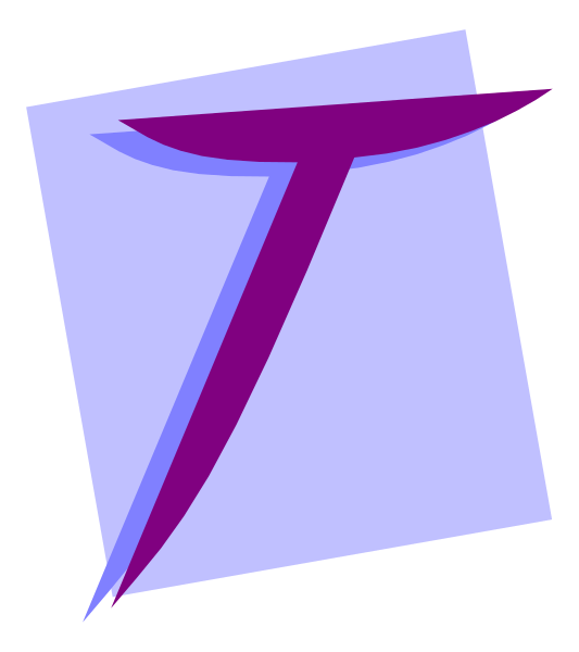 The image shows a purple stylized letter 'T' with an arrow pointing to it from above on what appears to be paper in front of some blue lines that could represent notebook margins.
