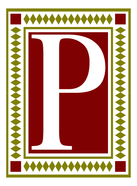The image shows a logo with an emblem that resembles a shield containing two crossed swords on either side of what appears to be a letter 'P' in white font inside it. Above this central design, there is a banner featuring red and black stripes alternating with small diamond patterns; below the main symbol are additional decorative elements including geometric shapes that resemble stars or suns within borders outlined by thin lines. The background of the logo has diagonal hatching in shades of brown on either side to create an illusion of depth, suggesting a three-dimensional effect for