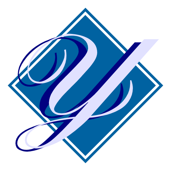 The image shows a logo with stylized text that reads "Y" inside an abstract design resembling a diamond shape in blue on top of another similar but smaller one below it.