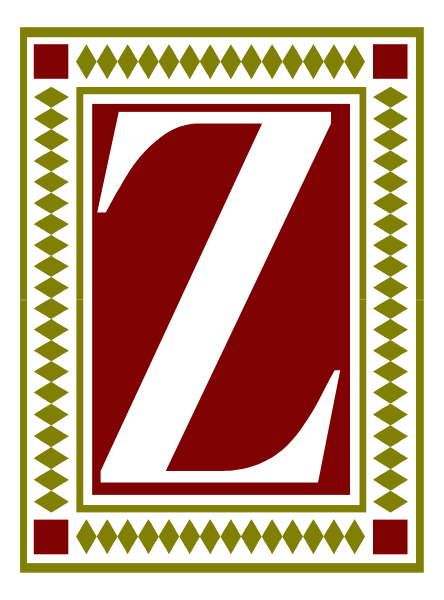The image shows a logo with an emblem that resembles a shield containing two crossed swords on either side of what appears to be a letter 'Z'. Above this central design is a banner featuring decorative patterns and below it, there's another patterned border framing the entire graphic.