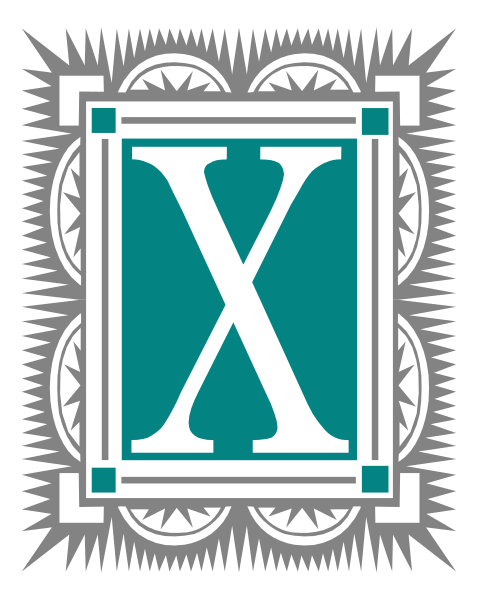 The image shows a stylized graphic with an emblem that includes Roman numerals "X" within two circles connected by lines forming a square shape against a dark background; there is also decorative border framing this central design, and it appears to be part of a larger pattern or logo featuring intricate designs.