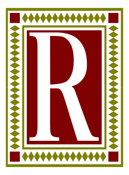 The logo features a red letter "R" inside an oval with decorative borders on either side of it against a white background.