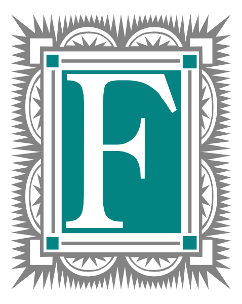 The logo features a stylized letter "F" inside an intricate border with decorative elements such as lines and dots around it on a white background.