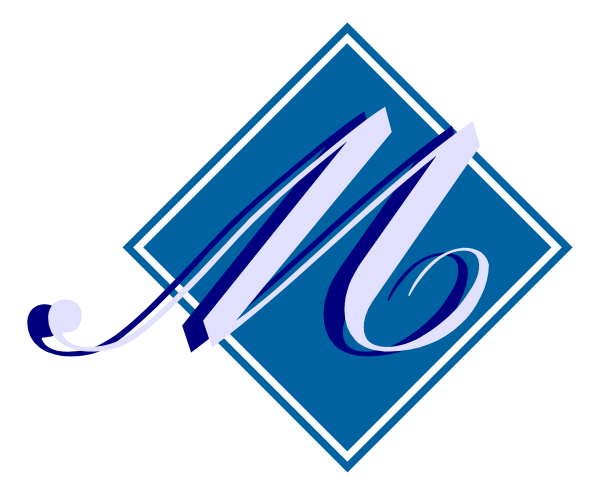 The image shows a logo with stylized text that reads "M" inside an oval border within another square frame; it is set against a dark background.