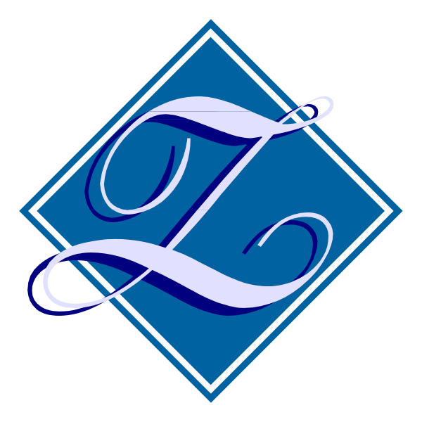 The image shows a blue diamond with white text inside it that reads "D&L" on top of another smaller square-shaped design containing cursive script in teal coloring.