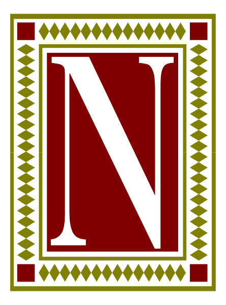 The image shows a logo with an emblem that resembles a shield containing three vertical stripes of different shades within it; above this is a stylized letter 'N' in white on red, and below to its right there appears to be another symbol or character which could represent the initials "K" inside two circles. The background has decorative borders with patterns that include geometric shapes like diamonds and triangles alternating between black and gold colors; these are framed by a border of small dots in red, yellow, green, blue, white, and gray t