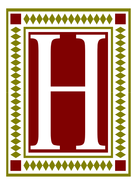 The image shows a stylized letter "H" within an intricate border that includes geometric patterns with red and black coloring on what appears to be a white background.