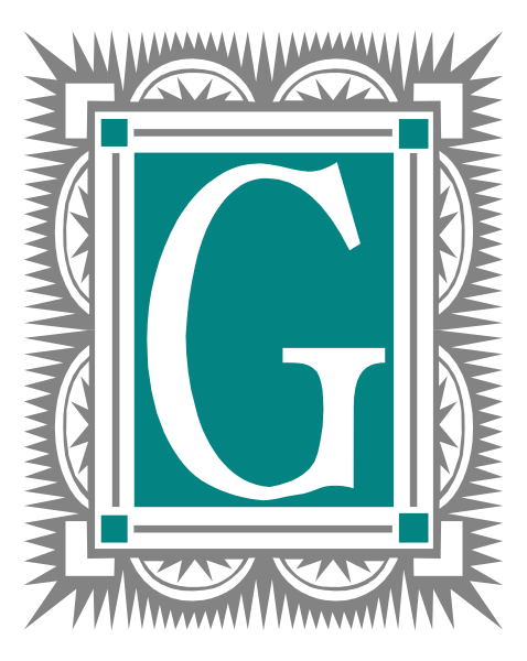 The logo features a stylized letter 'G' within an intricate border design that includes geometric patterns with lines radiating from it in various directions.