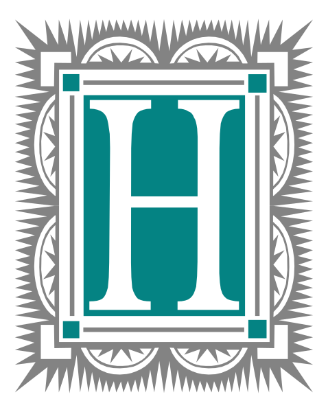 The image shows a stylized letter 'H' with decorative elements inside an intricate border that resembles a shield design within what appears to be a square frame.