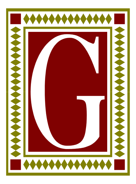 The image shows a logo with an emblem that resembles a letter "G" inside it, set against a red background bordered by black lines at its corners; above this central design is another border featuring small geometric shapes in shades of brown and beige on either side.