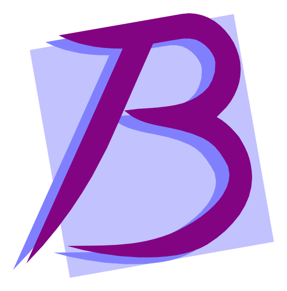 The image shows a stylized letter "B" with an abstract design element on its right side that resembles a blue lightning bolt shape next to it in purple coloring.