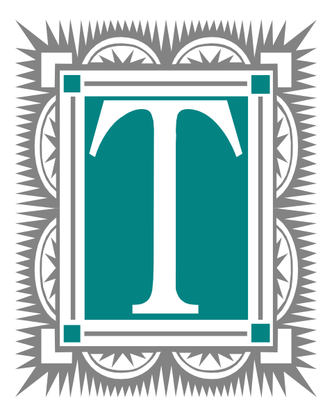 The image shows a stylized letter 'T' with an intricate design around it within what appears to be a square frame that has decorative elements at its corners.