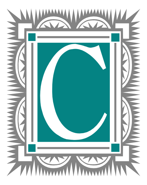 The image shows a logo with an emblem that resembles a shield containing stylized lettering "C" within it, set against a backdrop of decorative patterns; above this central design is another patterned border framing the entire composition.
