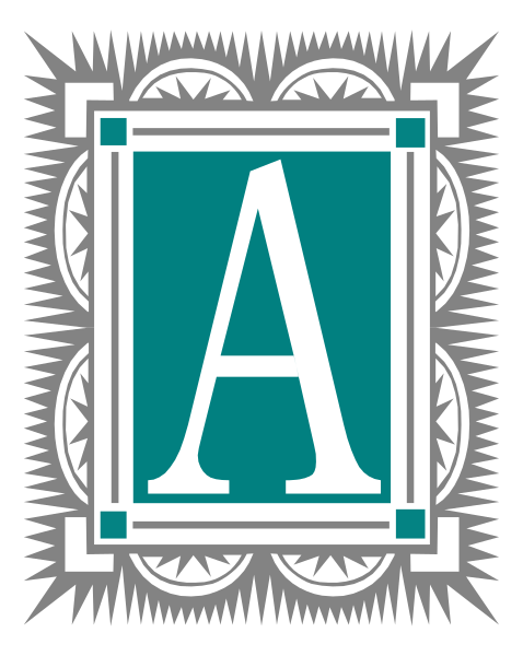 The letter "A" inside a square frame with decorative borders around it on an abstract background.