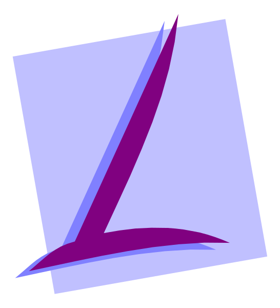 The image shows a stylized letter 'L' with an abstract design element resembling a purple line on top of it against a white background.