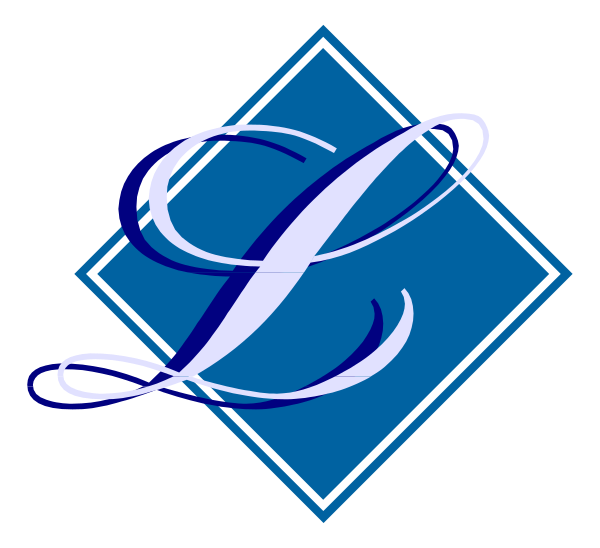 The image shows a logo with stylized text that reads "C" inside an abstract design resembling a shield shape within another square frame; there is also swirling blue script-like decoration around it, and below this central graphic is a smaller diamond pattern in black on the bottom right.