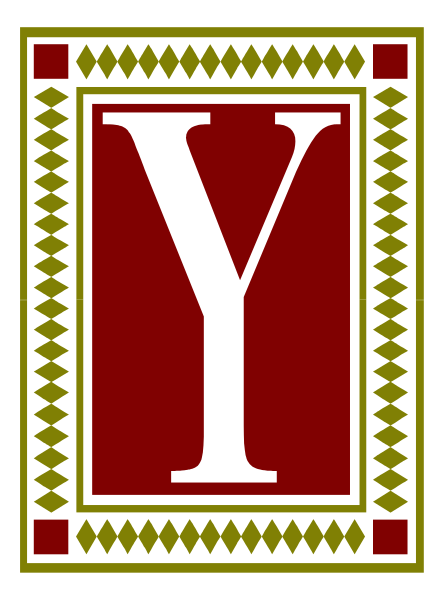 The image shows a graphic design with an emblem that includes stylized lettering "Y" within what appears to be a shield-like border featuring geometric patterns in red on a white background at top left, and below it is another rectangular shape containing more intricate designs resembling tribal or ethnic motifs. The overall style suggests this could represent an organization's logo with the letter 'y'.