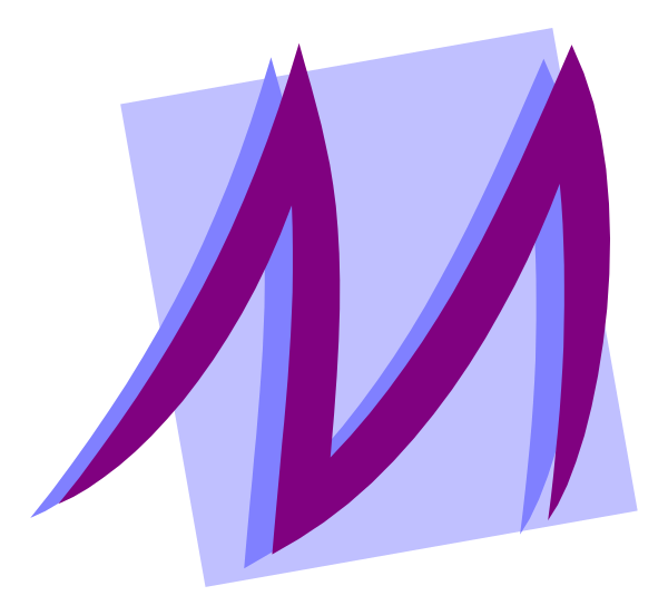 The image shows a stylized graphic of an abstract design with geometric shapes resembling letters "M" and "N," rendered in shades of purple on a dark background.