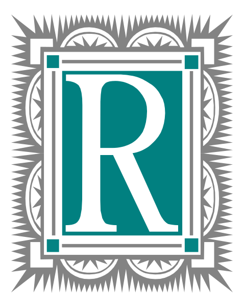 The image shows a logo with an initial 'R' inside a square border that has decorative elements around it; there is also text above the letter reading "A" in blue font on top of two horizontal lines, and below the letter, another line reads "E," both within their own borders.