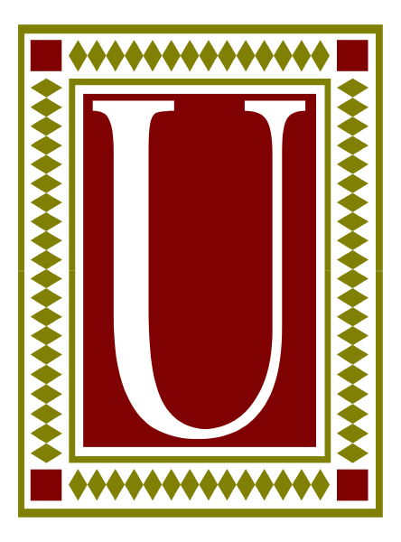 The image shows a red square with white border containing an uppercase letter "U" inside it against a dark background; there is also a decorative pattern in black around the edges of this central design.