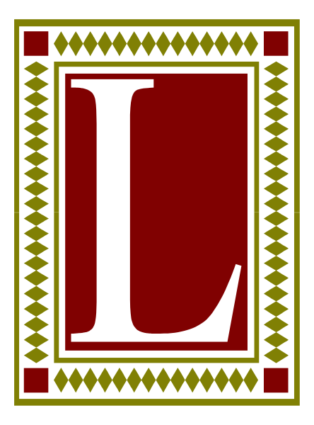 The letter "L" on a red background with decorative borders around it.