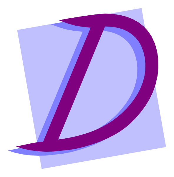 The image shows a stylized letter 'D' with an abstract design element to its right side that resembles a blue waveform pattern.