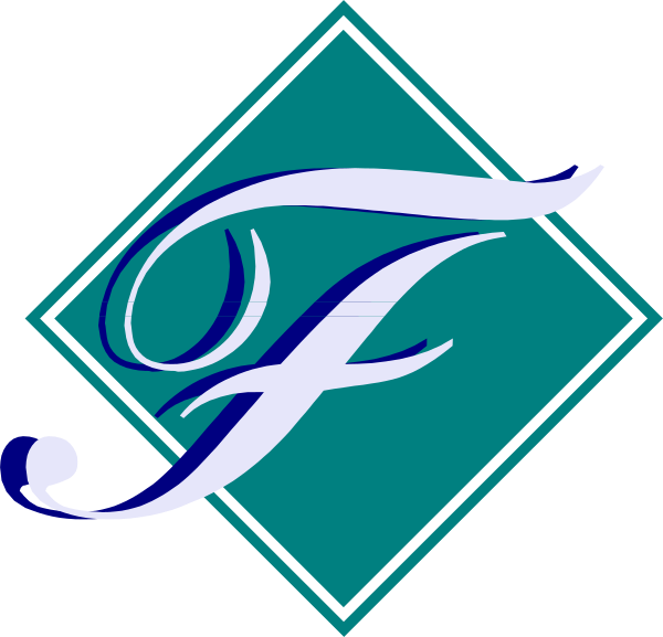 The logo features a stylized letter "F" with an intricate design inside it on top of what appears to be a blue background within a diamond shape border that is outlined in white.
