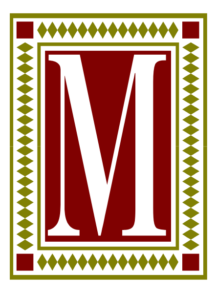 The image shows a logo with an initial 'M' inside it on a red background bordered by black lines, within which there is also a smaller square containing more intricate patterns in shades of brown and beige.