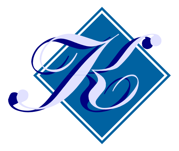 The image shows a logo with stylized text that reads "KR" inside an oval border within another square frame; there is also decorative script above it resembling cursive writing in blue and green hues, set against a dark background.