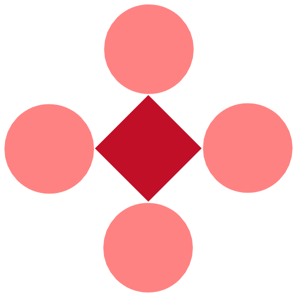 The image shows a black background with nine pink circles arranged around an X symbol that is colored red at its center point.
