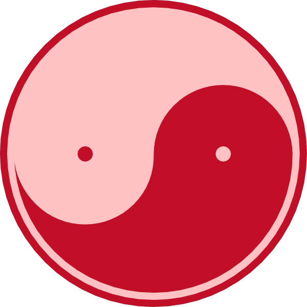 The image shows a red yin yang symbol with two black dots on it placed next to each other against a white background.