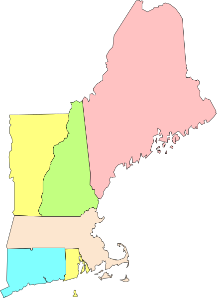 The map shows a stylized representation of New England states with Maine highlighted at top right corner; it is color-coded to represent different regions within each state: Massachusetts (pink), Vermont (yellow), Rhode Island and Connecticut (green).