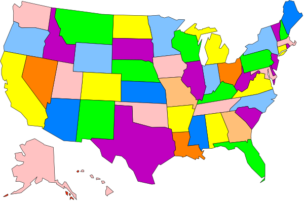 The map shows a stylized representation of the United States with each state highlighted by different colored squares on top of it.